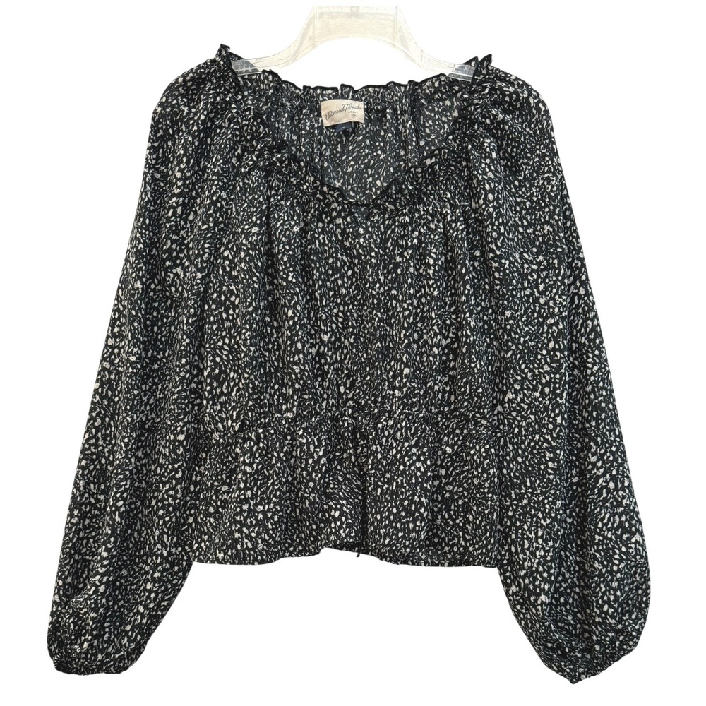 Universal Thread Black White Abstract Print Ruffle Neck Peplum Blouse Medium